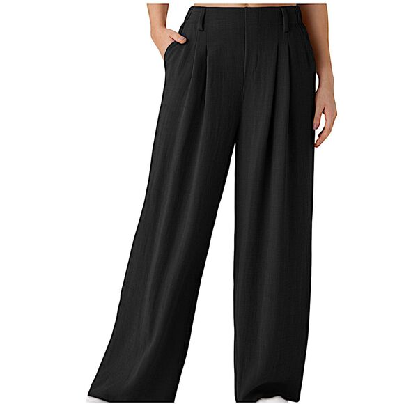 Halara Black Linen Look High Waist Wide Leg Pull On Pants With Pockets Large P - Picture 2 of 7
